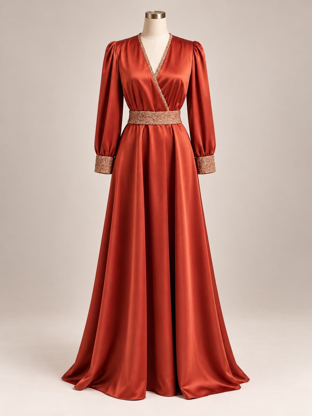 Vestido de festa Âmbar: cetim ferrugem, decote transpassado em V, mangas longas com punhos bordados, cinto bordado na cintura e saia evasê até o chão, em manequim de ateliê.