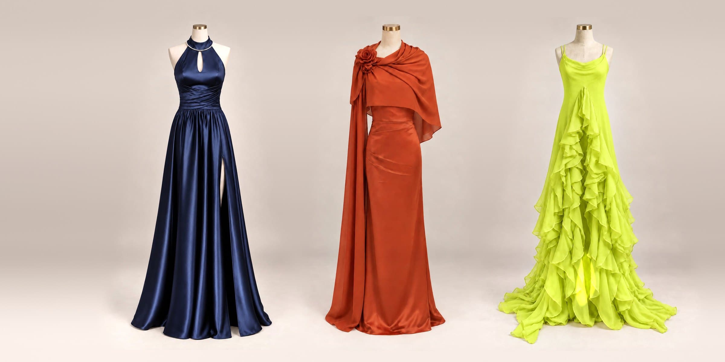 Três peças sob medida em manequins de ateliê: à esquerda o longo azul-marinho Maré, ao centro o vestido terracota Estela com capa drapeada e à direita o vestido verde-limão Verbena com babados.