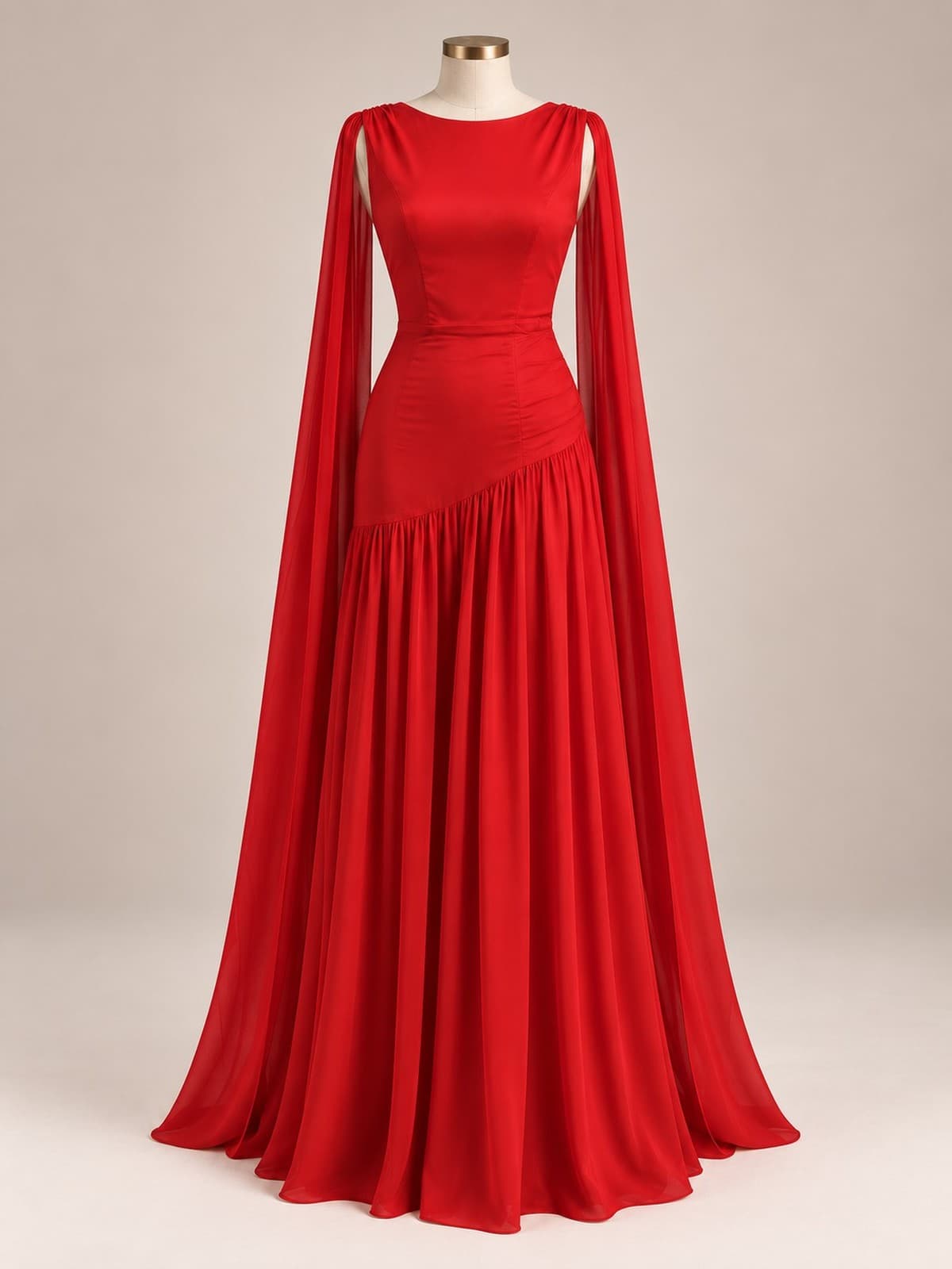 Vestido de festa Papoula: chiffon vermelho, decote canoa, longas capas de chiffon caindo dos ombros, cintura drapeada assimétrica e saia ampla fluida, em manequim de ateliê.