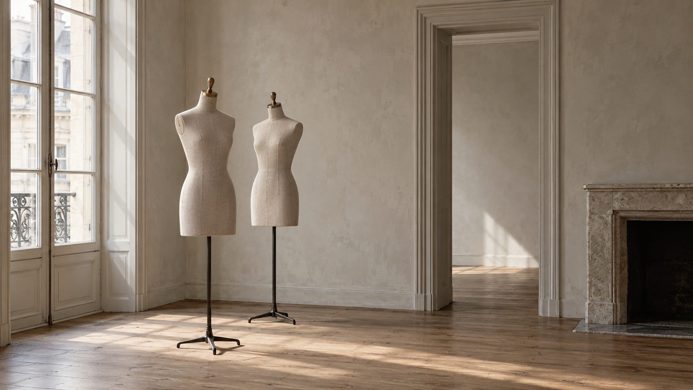 Sala do atelier com dois manequins de costura diante de uma janela alta.